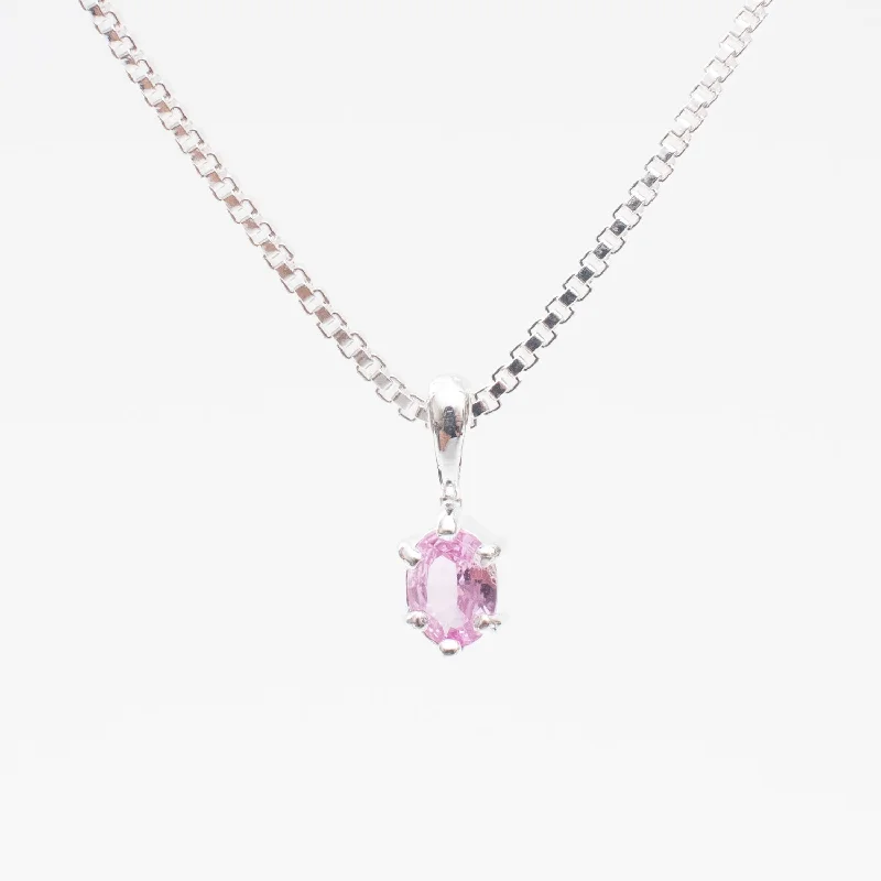 ladies-modern-y-drop-necklaces-Sterling Silver Oval Claw Set Pink Sapphire Necklace