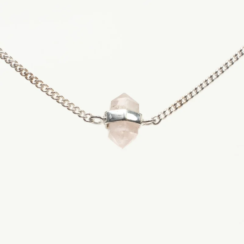 ladies-fashion-figaro-chain-necklaces-Silver Rose Quartz Wrapped Necklace