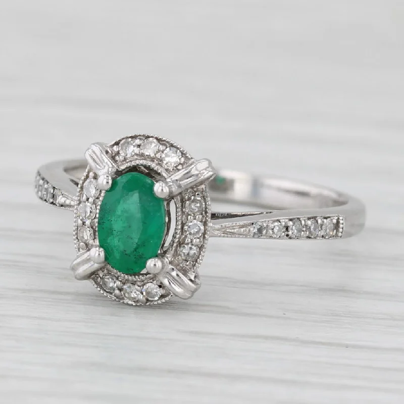 Ladies wedding rings with rose motifs -0.52ctw Emerald Diamond Halo Ring 14k White Gold Size 7.25 Engagement