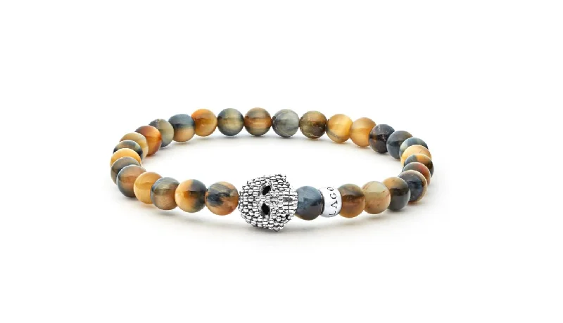 ladies-birthstone-multi-strand-bracelets-Signature Caviar Anthem Tiger Eye Skull Stretch Bracelet with Sterling Silver, Size 8