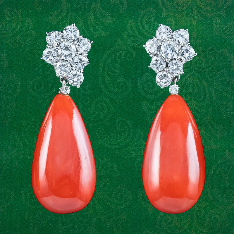 Ladies earrings for gathering vibes -Vintage Coral Diamond Drop Earrings 14ct Gold 3ct Diamond