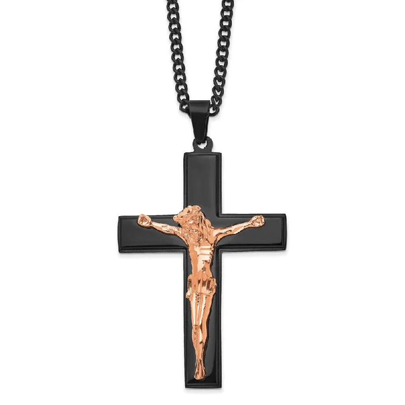 ladies-birthstone-y-drop-necklaces-Stainless Steel Black & Rose Tone Plated LG Crucifix Necklace, 24 Inch