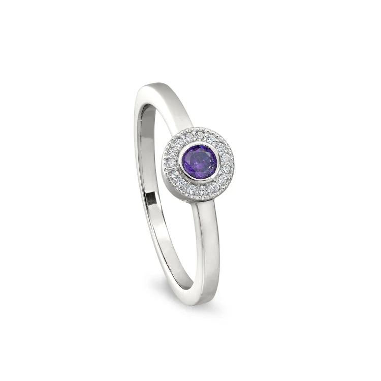 Ladies rings cool elegance -Platinum Finish Sterling Silver Micropave Round Simulated Amethyst Ring with Simulated Diamonds Size 9