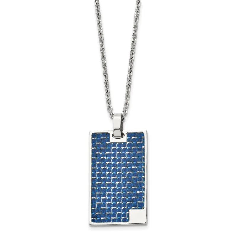 ladies-elegant-multi-strand-necklaces-Stainless Steel & Blue Carbon Fiber Inlay Dog Tag Necklace, 22 Inch