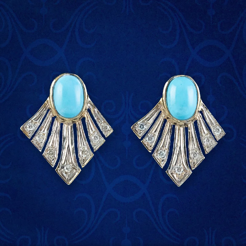 Ladies earrings fine shine -Art Deco Style Turquoise Diamond Fan Earrings 9ct Gold