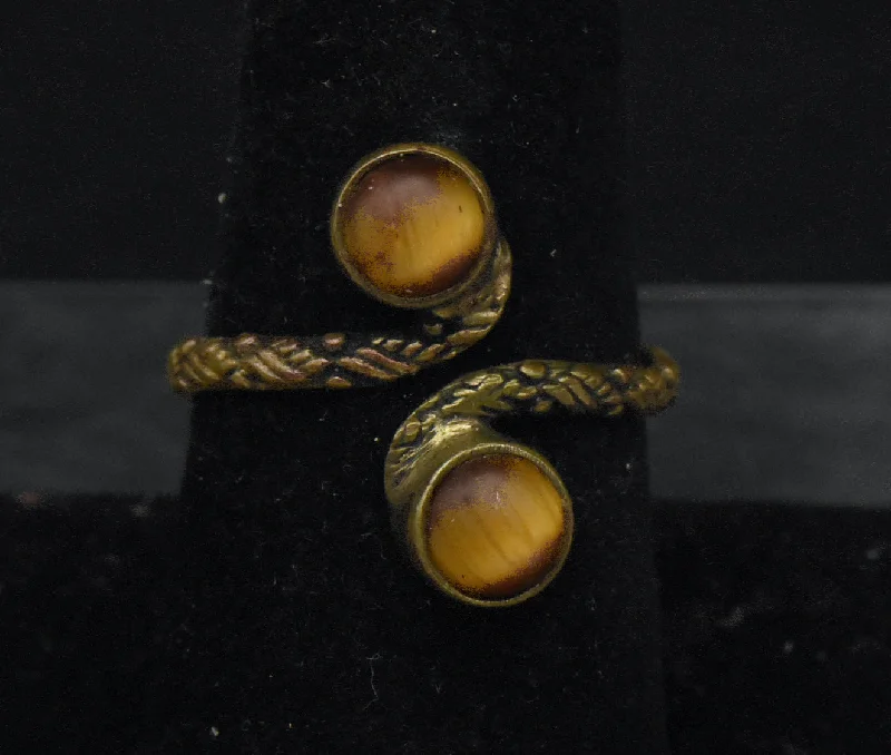 Ladies rings with twist shine -Vintage Tiger's Eye Brass Bypass Adjustable Size Ring