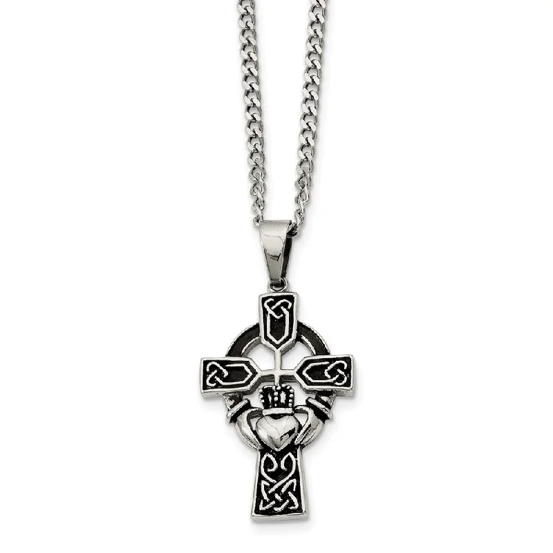 ladies-infinity-beaded-choker-necklaces-Stainless Steel Antiqued Claddagh Cross Necklace with CZ - 20 Inch