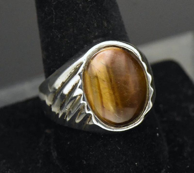 Ladies rings for adventure charm -Vintage Artisan Sterling Silver Tiger's Eye Signet Ring - Size 10