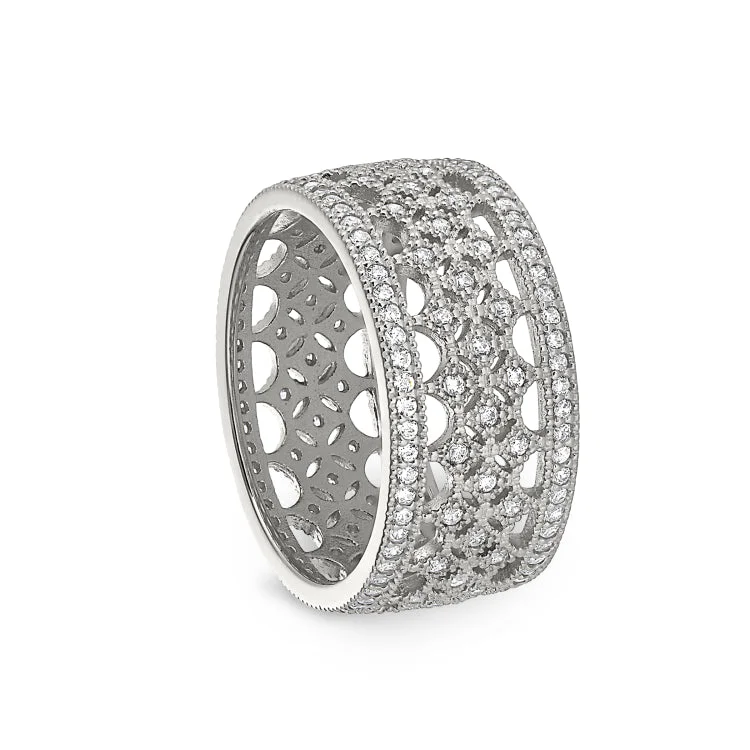 Ladies rings sleek shine -Platinum Finish Sterling Silver Micropave Fancy Ring with Simulated Diamonds