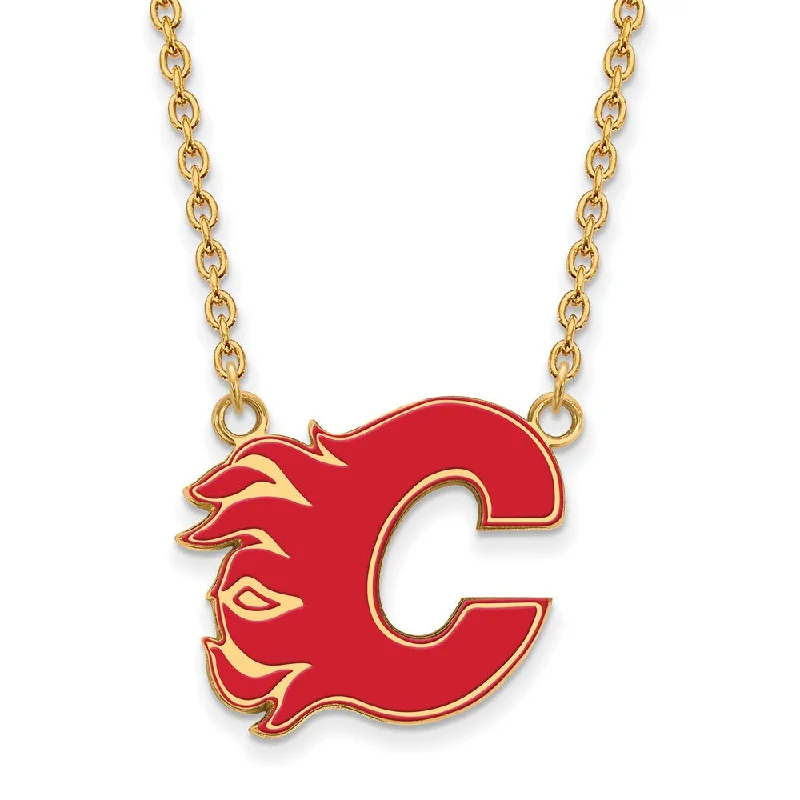 ladies-bohemian-box-chain-necklaces-SS 14k Yellow Gold Plated NHL CaLGary Flames LG Enamel Necklace, 18 In