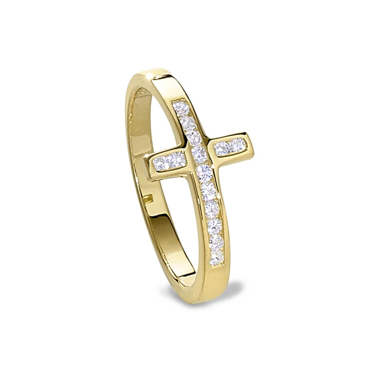 Ladies rings for promise elegance -Gold Finish Sterling Silver Micropave Cross Ring with Simulated Diamonds - size 9