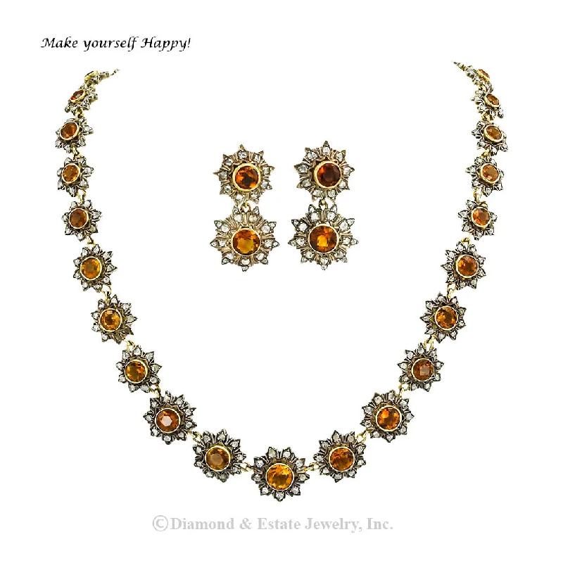 Ladies earrings with star elegance -Victorian Citrine Rose Cut Diamond Earring Necklace Set