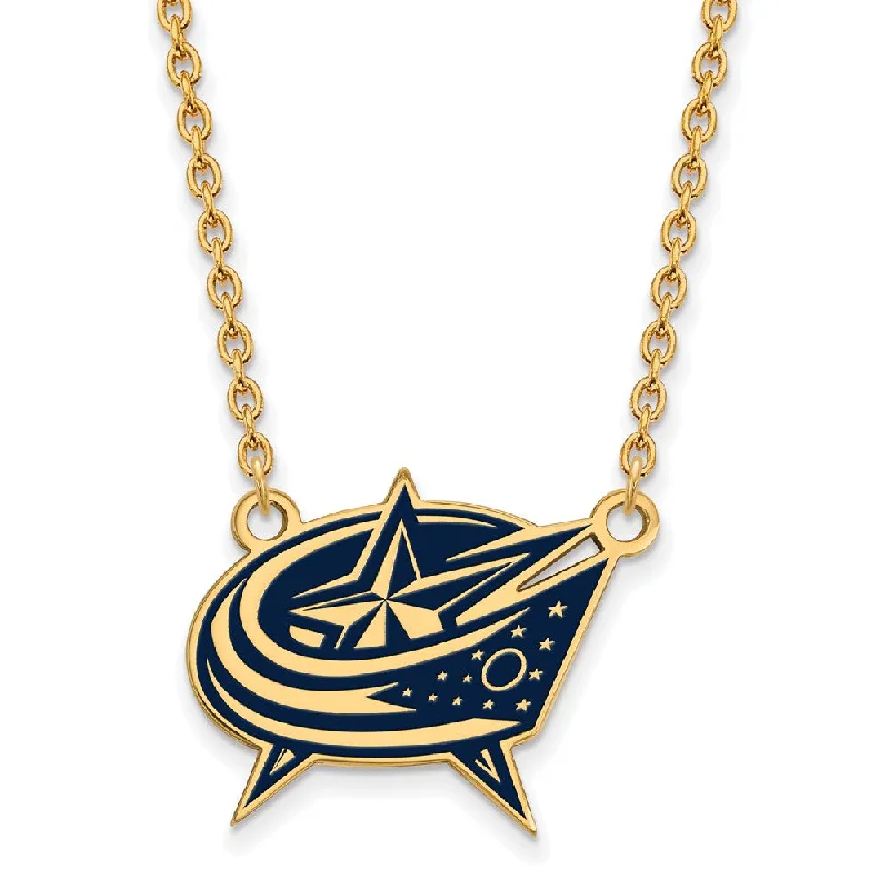 ladies-classic-box-chain-necklaces-SS 14k Yellow Gold Plated NHL Blue Jackets LG Enamel Necklace, 18 In