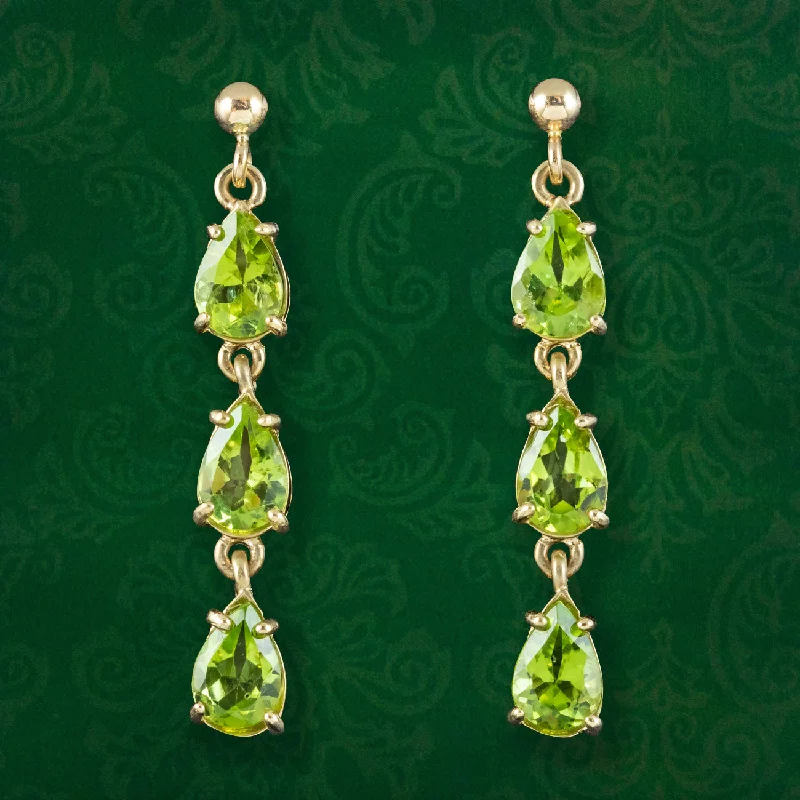 Ladies earrings sleek shine -Victorian Style Peridot Drop Earrings 9ct Gold