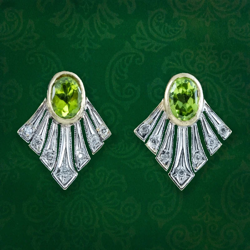 Ladies earrings with lemon opal -Art Deco Style Peridot Diamond Fan Earrings 9ct Gold