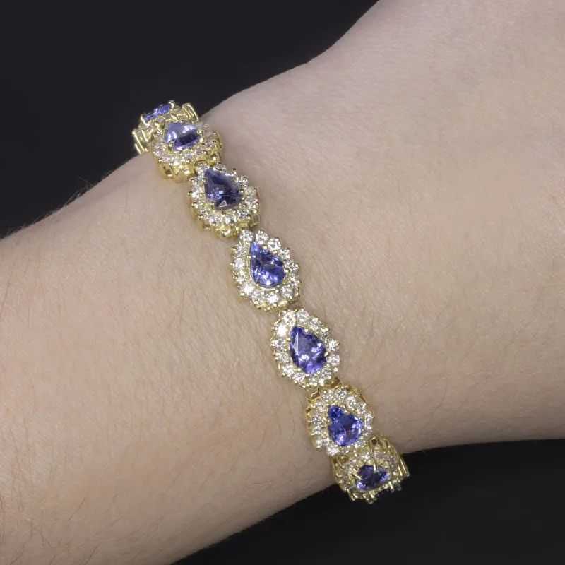 ladies-unique-wraparound-bracelets-TANZANITE DIAMOND BRACELET 18k YELLOW GOLD PEAR SHAPE HALO 28 gram 19.5 CARAT