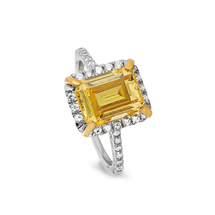 Ladies rings for epic charm -Platinum Finish Sterling Silver Vintage Ring with Emerald Cut Canary Stone & Simulated Diamonds