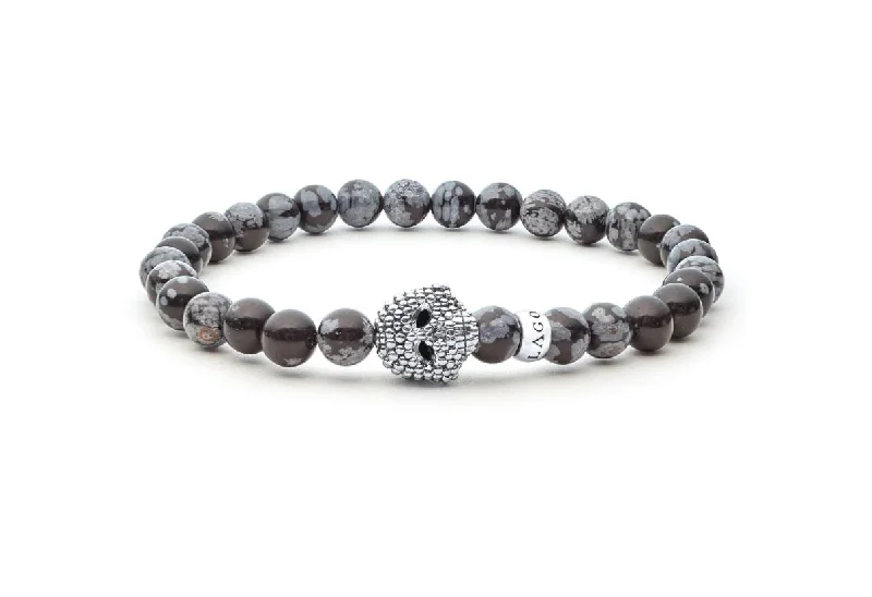 ladies-pearl-silver-bracelets-Signature Caviar Anthem Snowflake Obsidian Skull Stretch Bracelet with Sterling Silver, Size 8