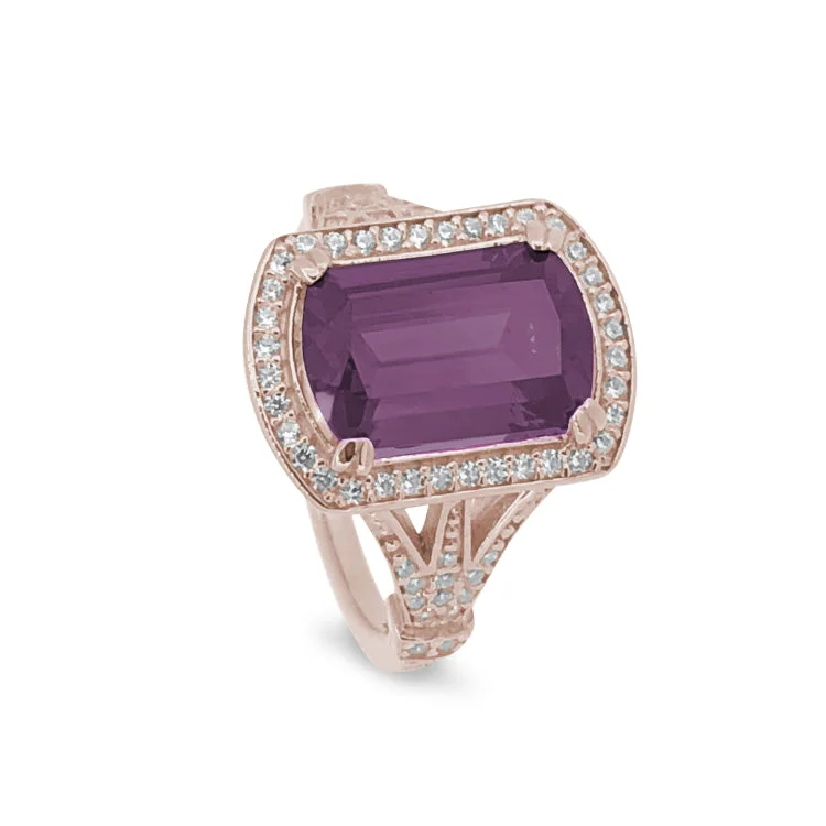 Ladies rings cute shine -Rose Gold Finish Sterling Silver Micropave Emerald Cut Pink Stone Ring with Simulated Diamongs