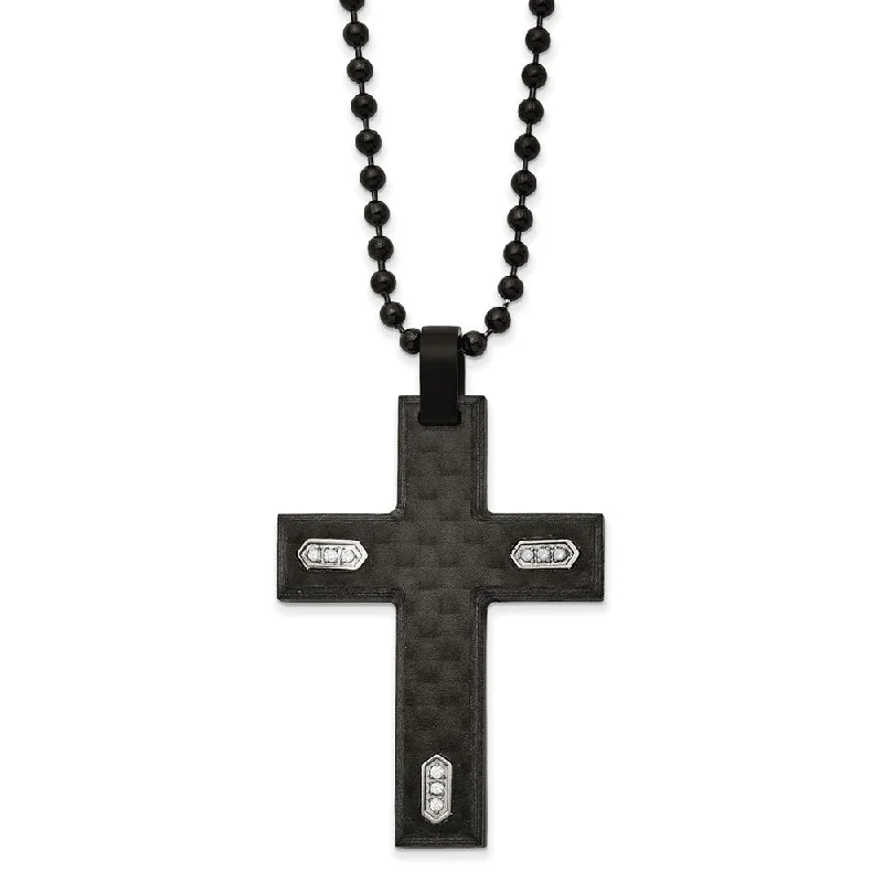 ladies-vintage-bar-pendant-necklaces-Black Plated Stainless Steel, Carbon Fiber, CZ Cross Necklace, 24 Inch