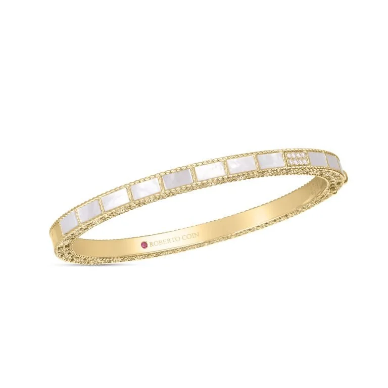 ladies-infinity-wraparound-bracelets-0.05Ct Diamond and Mother of Pearl Mosaic Accent Bangle Bracelet in 18k Yellow Gold