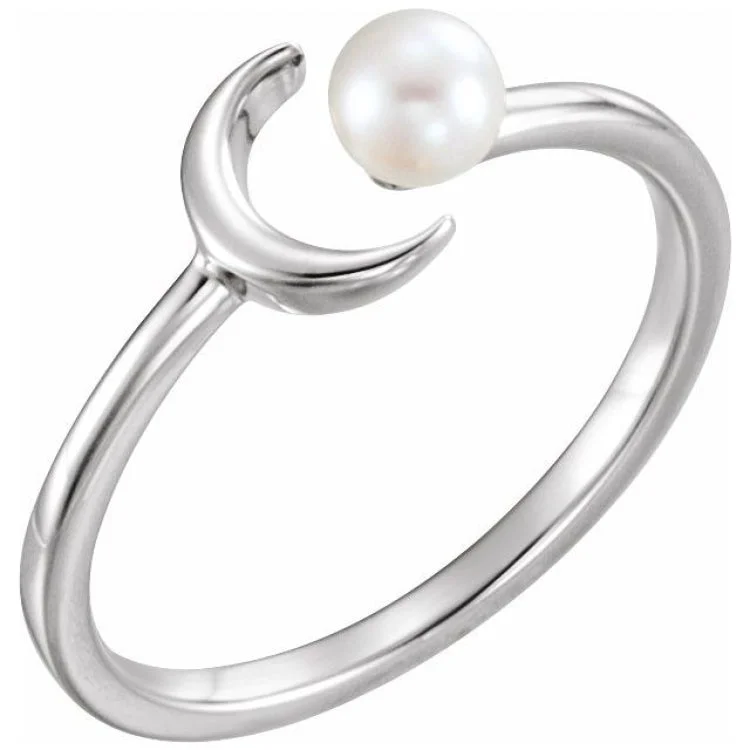 Ladies rings vintage shine -Platinum Cultured White Freshwater Pearl Crescent Moon Ring