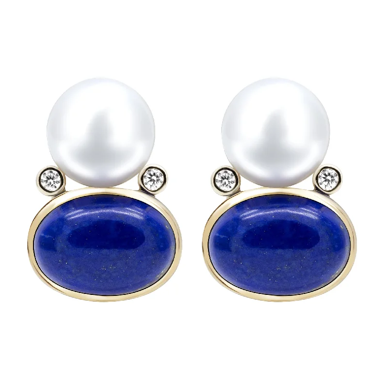 Ladies earrings vintage elegance -Earrings - South Sea Pearl, Lapis Lazuli And Diamond In 18k Gold