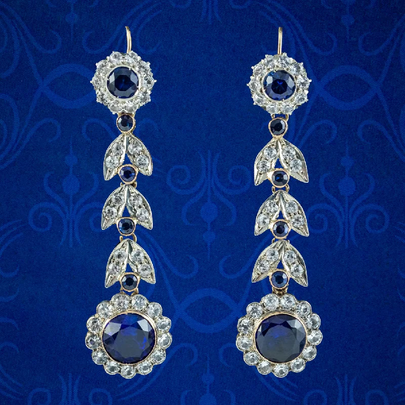 Ladies earrings chic shine -Antique Edwardian Blue Paste Flower Drop Earrings 15ct Gold With Box