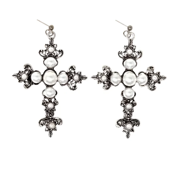 Ladies earrings for party sparkle -Pearl Cross Earrings