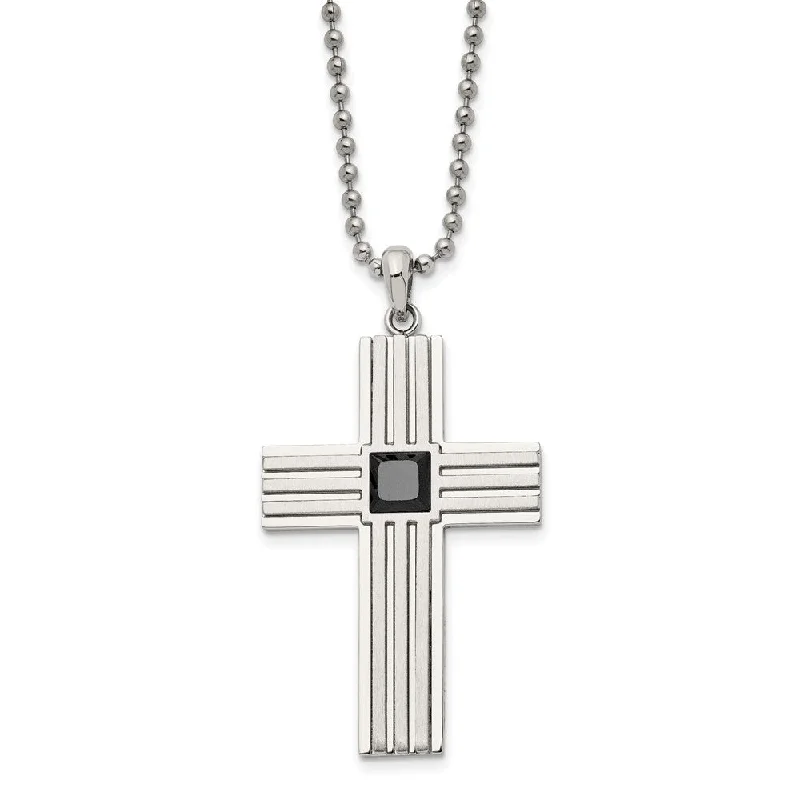 ladies-pearl-diamond-necklaces-Stainless Steel & Black CZ Brushed & Polished Cross Necklace, 24 Inch