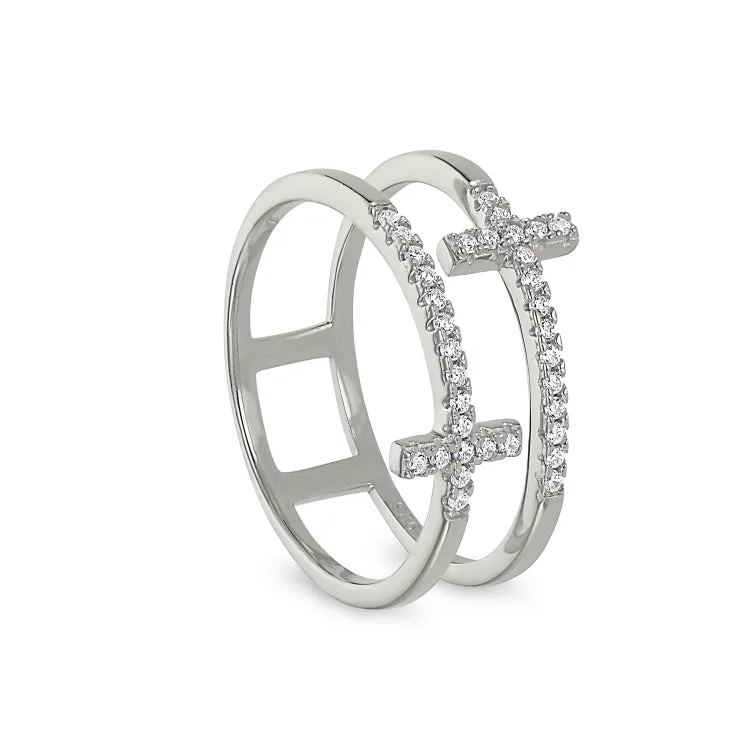 Ladies rings with colt designs -Platinum Finish Sterling Silver Micropave Double Cross Ring with Simulated Diamonds