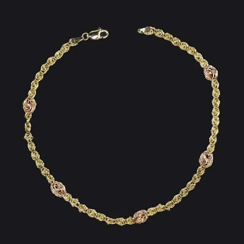 ladies-diamond-pearl-bracelets-TWO TONE GOLD KNOT LINK BRACELET SOLID 10k YELLOW ROSE GOLD CHAIN CLASSIC GIFT