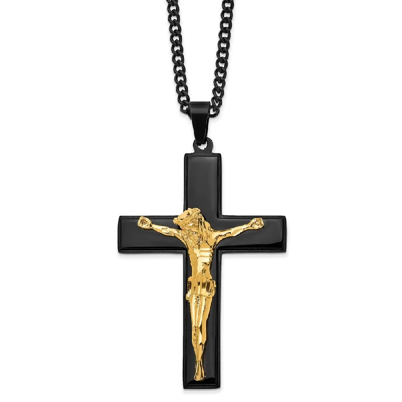 ladies-silver-diamond-necklaces-Stainless Steel Black & Gold Tone Plated LG Crucifix Necklace, 24 Inch