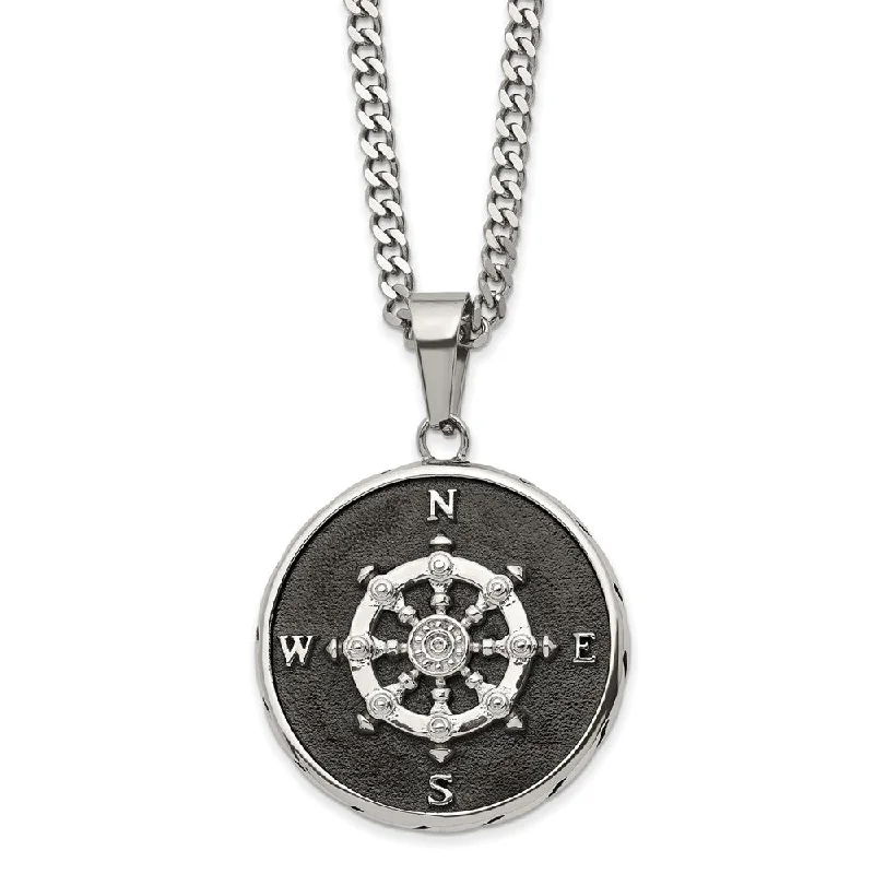 ladies-ethnic-curb-chain-necklaces-Stainless Steel Polished & Black Plated 30mm Compass Necklace, 22 Inch