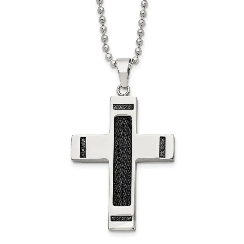 ladies-heart-y-drop-necklaces-Stainless Steel Black Plated 1/10ctw Black Diamond Cross Necklace 24in