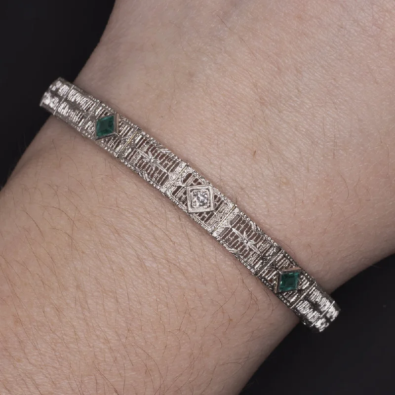 ladies-pearl-silver-bracelets-VINTAGE DIAMOND EMERALD 14k WHITE GOLD BRACELET FILIGREE ART DECO GREEN ESTATE