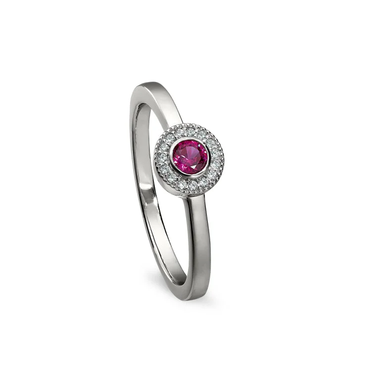 Ladies rings for hiking charm -Platinum Finish Sterling Silver Micropave Round Simulated Ruby Ring with Simulated Diamonds Size 8