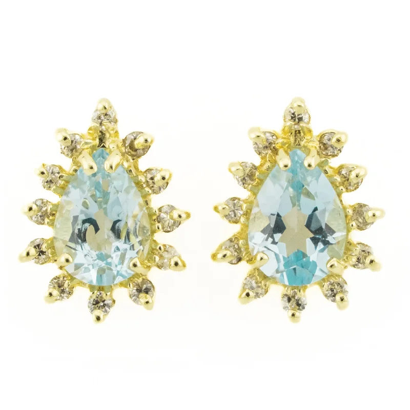 Ladies earrings with orchid sapphire -Blue Topaz and Diamond Drop Stud Earrings in 14K Yellow Gold