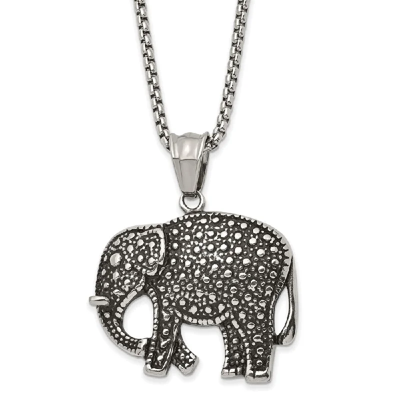 ladies-silver-flower-necklaces-Stainless Steel Antiqued Textured Elephant Necklace, 24 Inch