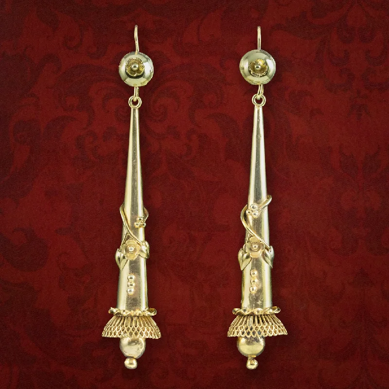 Ladies earrings rugged shine -Antique Georgian Floral Drop Earrings Pinchbeck 18ct Gold Gilt