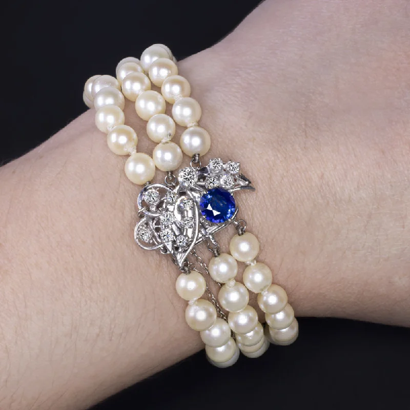 ladies-infinity-adjustable-cuff-bracelets-VINTAGE PEARL SAPPHIRE DIAMOND BRACELET MID CENTURY RETRO 14k WHITE GOLD BLUE