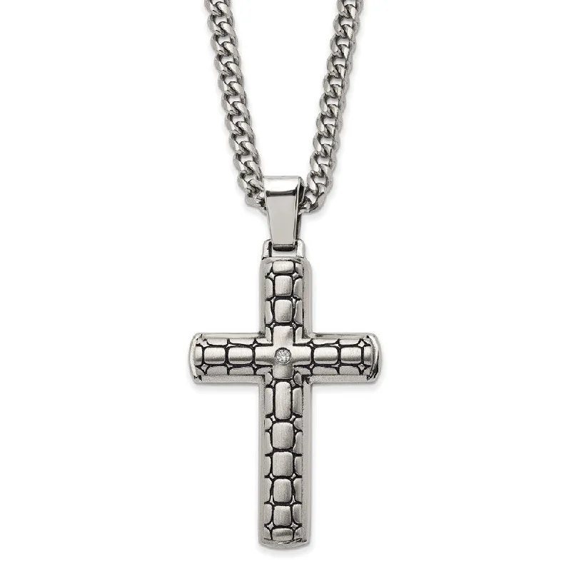 ladies-delicate-y-drop-necklaces-Stainless Steel CZ Antiqued Brushed Cobblestone Cross Necklace, 24 In