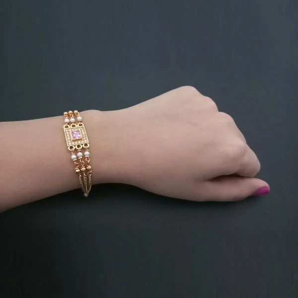 ladies-moon-leather-wrap-bracelets-Umiyaji Gold Plated Pink Austrian Stone Bracelet