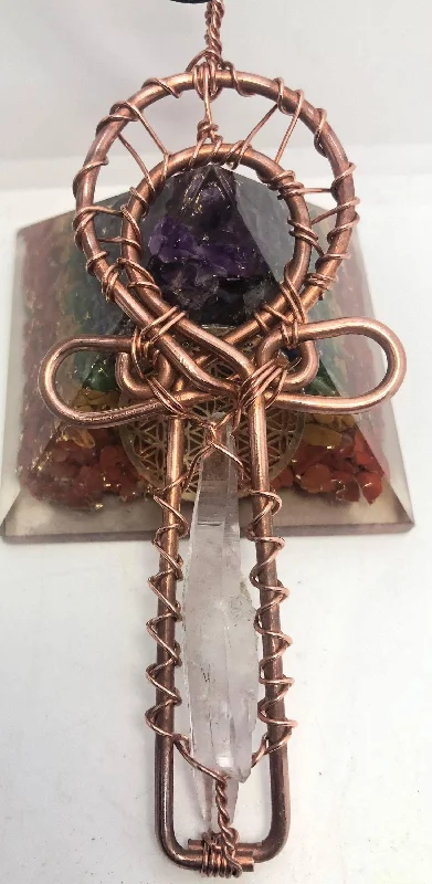 ladies-party-beaded-choker-necklaces-Amethyst Vera Cruz Crystal and Copper Egyptian Kemetic Coptic Cross Ankh Wirewrapped Wearable Necklace Pendant