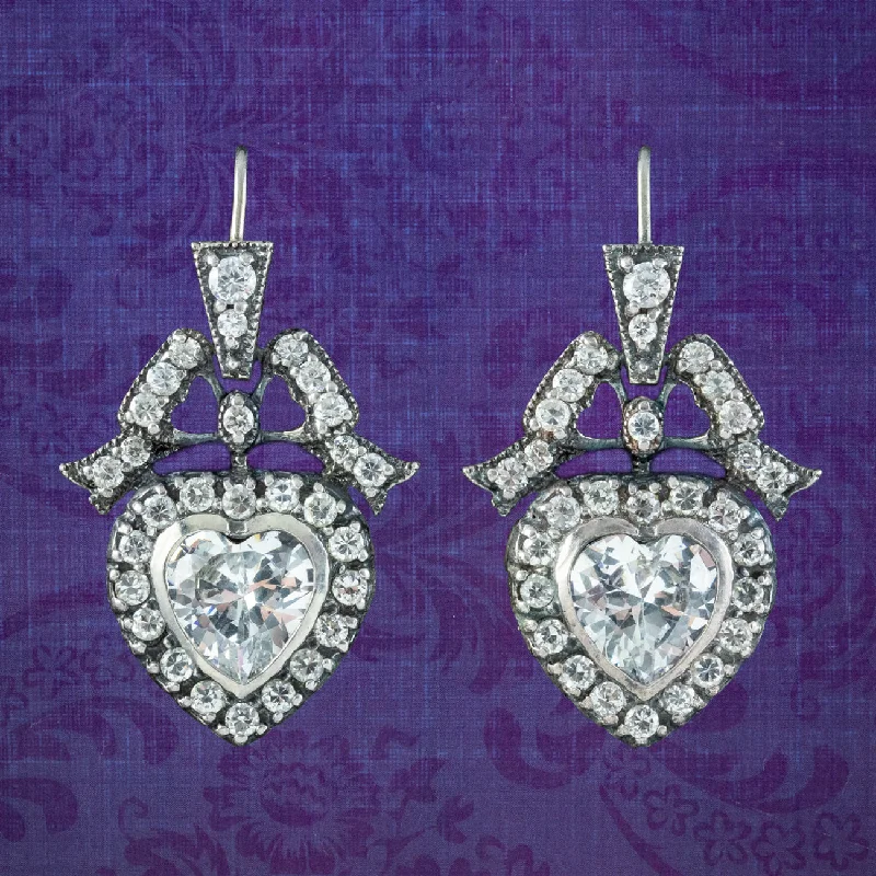 Ladies earrings quirky shine -Edwardian Style Cubic Zirconia Heart Earrings Sterling Silver