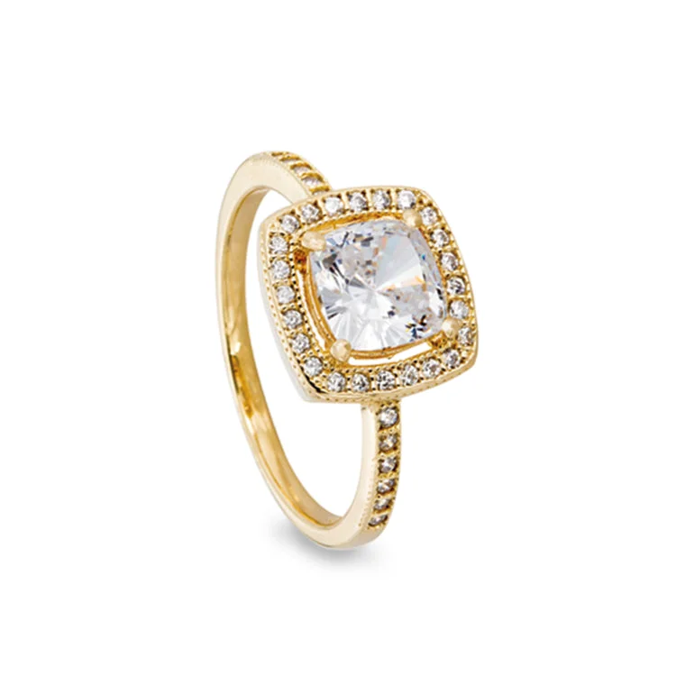 Ladies rings for gallery charm -Gold Finish Sterling Silver Micropave Cushion Cut Ring with 37 Simulated Diamonds