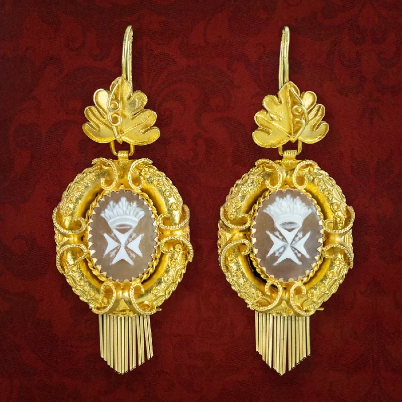 Ladies earrings with frost emerald -Antique Victorian Maltese Cross Cameo Drop Earrings 18ct Gold