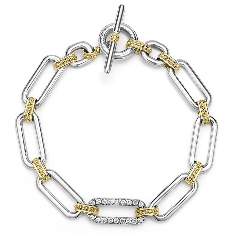 ladies-heart-multi-strand-bracelets-Caviar Diamond 20mm Oval Links 7" Bracelet in Sterling Silver and 18K Yellow Gold