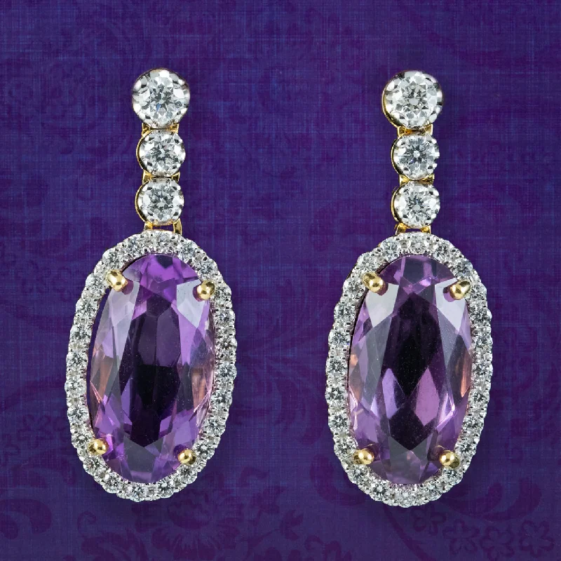 Ladies earrings for calm vibes -Art Deco Style Amethyst Diamond Drop Earrings 10ct Of Amethyst