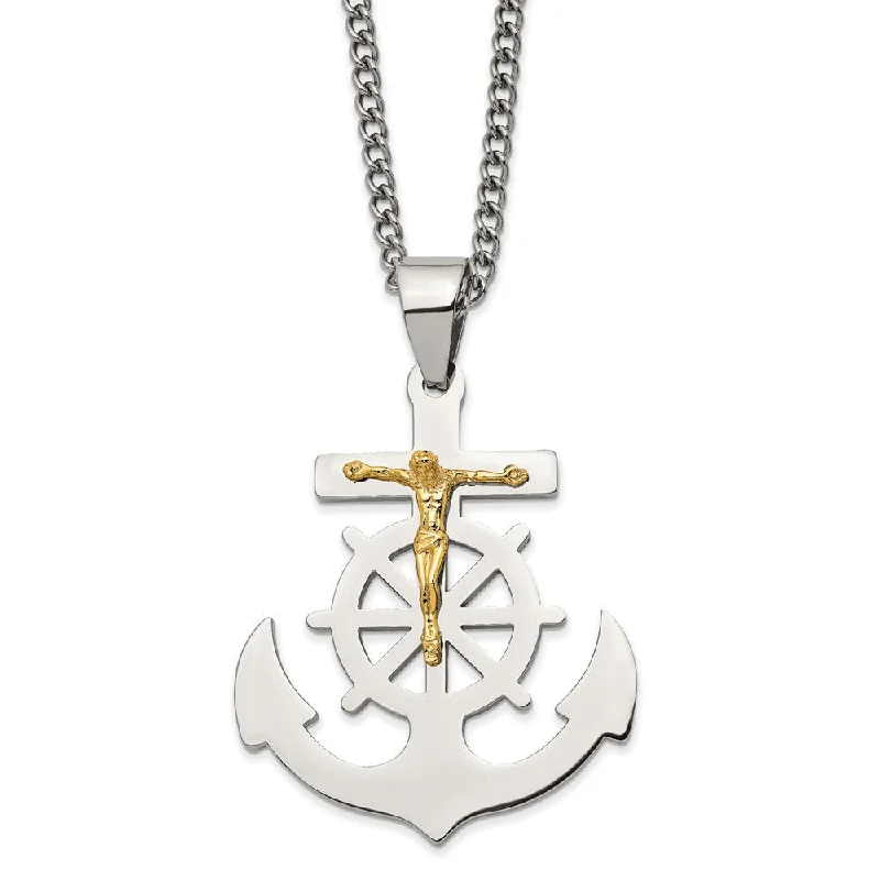 ladies-unique-figaro-chain-necklaces-Stainless Steel & Gold Tone Plated Mariner Crucifix Necklace, 24 Inch